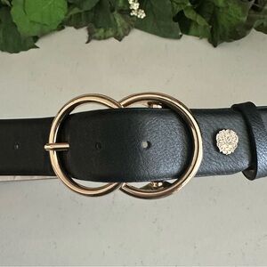 Black Leather Belt With Gold Double Ring Buckle & Lion Detail Size L